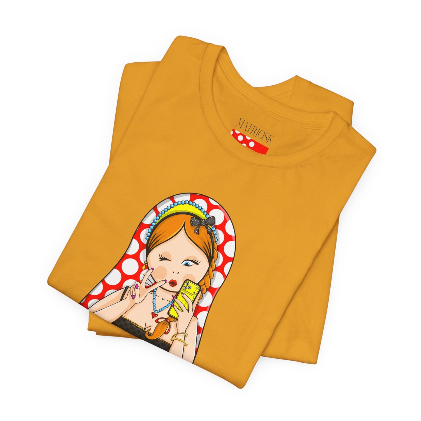 Retro Matryoshka Girl T‑Shirt — Cute Russian Doll Design with Selfie Phone