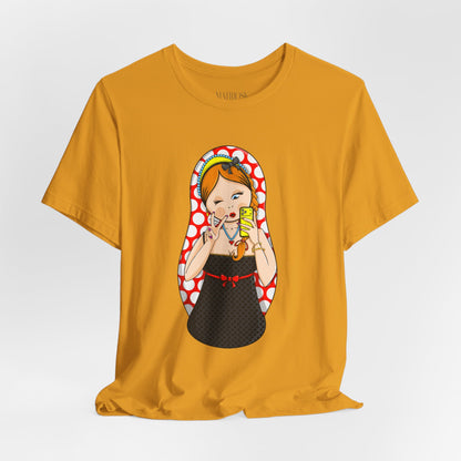 Retro Matryoshka Girl T‑Shirt — Cute Russian Doll Design with Selfie Phone