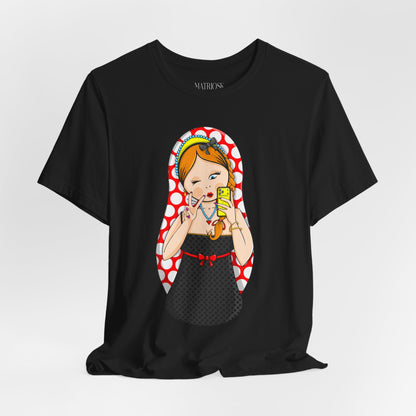 Retro Matryoshka Girl T‑Shirt — Cute Russian Doll Design with Selfie Phone