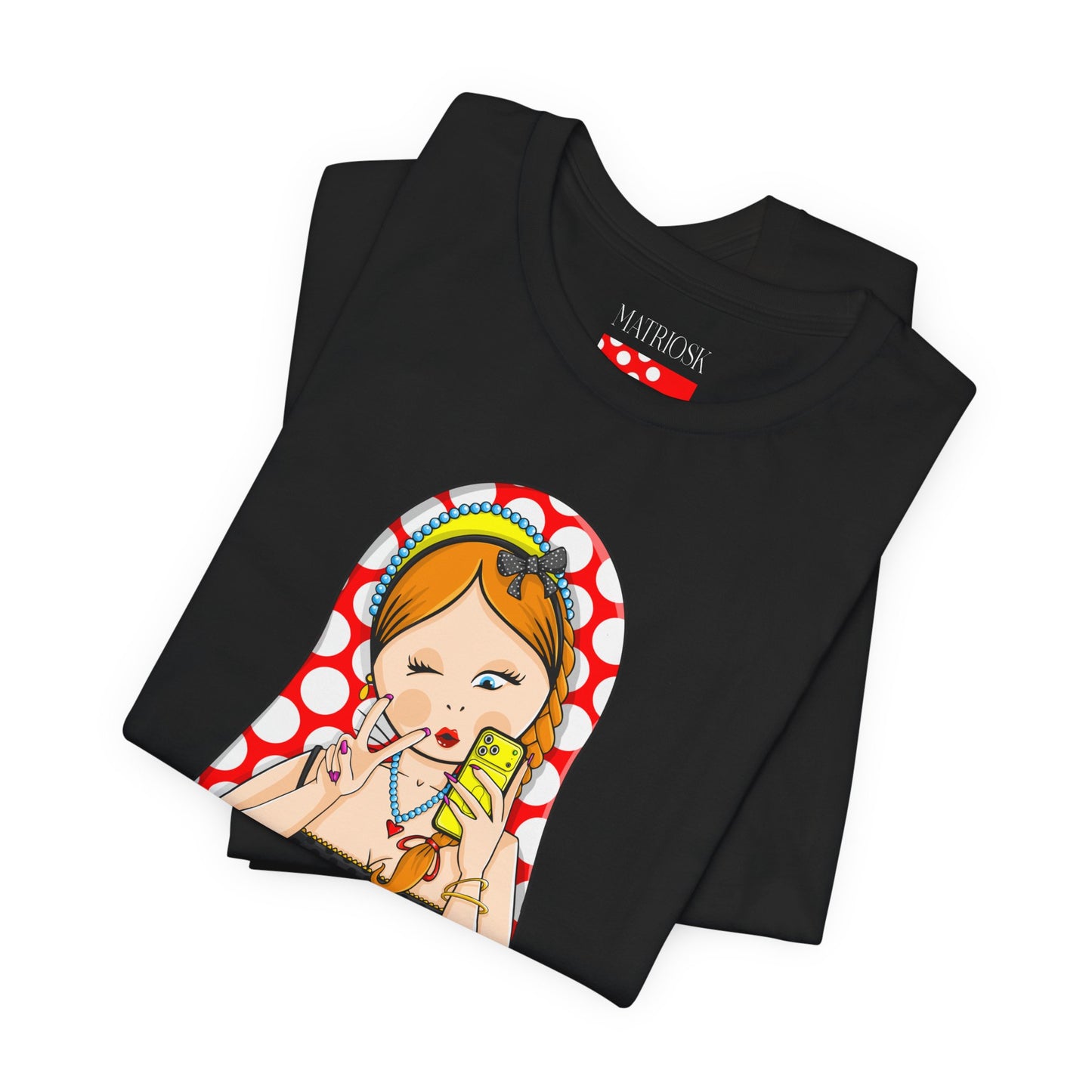 Retro Matryoshka Girl T‑Shirt — Cute Russian Doll Design with Selfie Phone