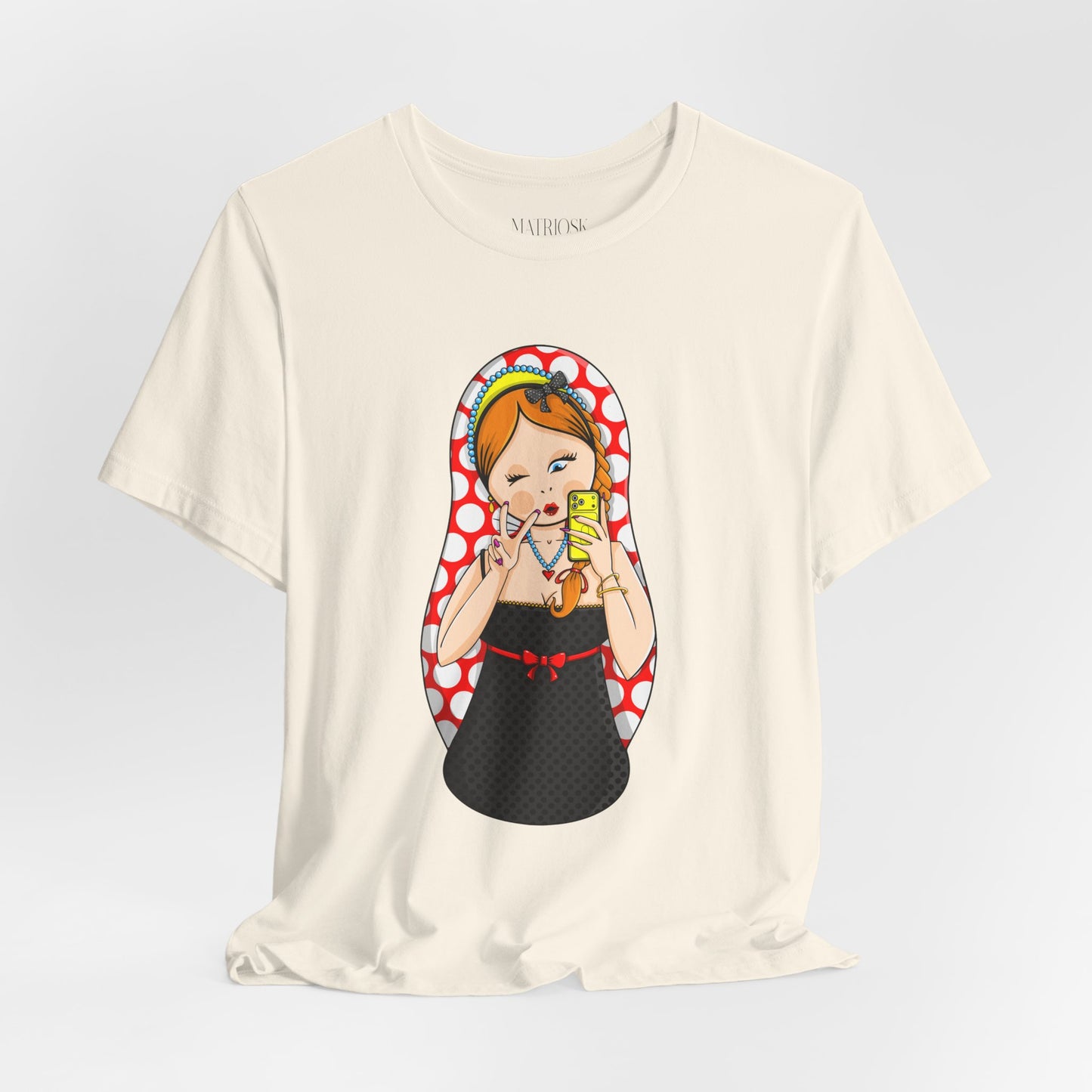 Retro Matryoshka Girl T‑Shirt — Cute Russian Doll Design with Selfie Phone