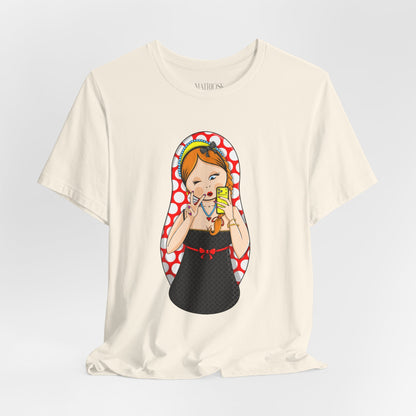 Retro Matryoshka Girl T‑Shirt — Cute Russian Doll Design with Selfie Phone