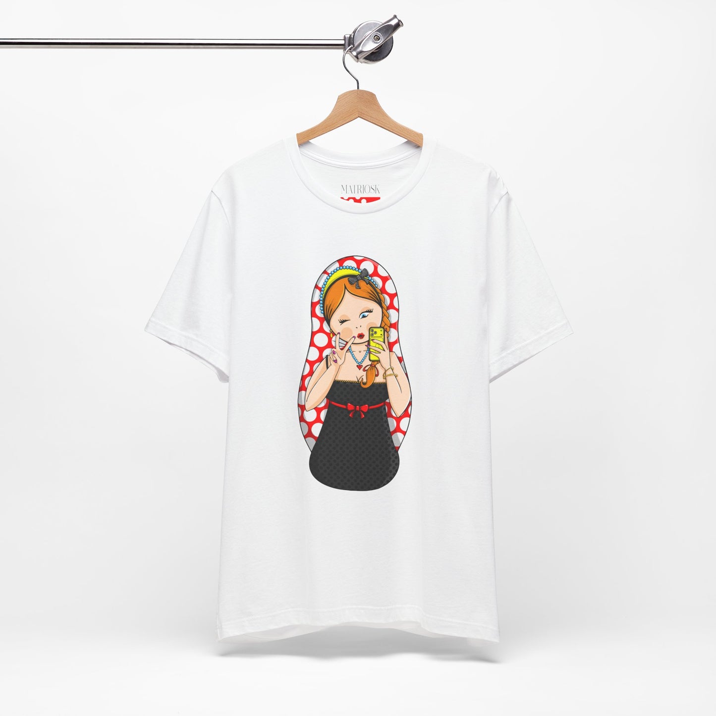 Retro Matryoshka Girl T‑Shirt — Cute Russian Doll Design with Selfie Phone