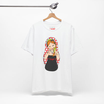 Retro Matryoshka Girl T‑Shirt — Cute Russian Doll Design with Selfie Phone