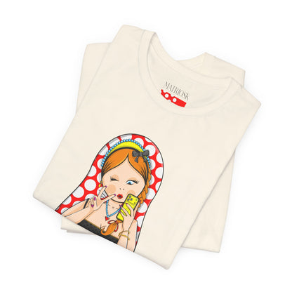 Retro Matryoshka Girl T‑Shirt — Cute Russian Doll Design with Selfie Phone