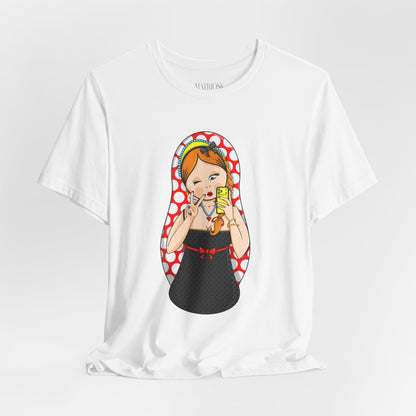 Retro Matryoshka Girl T‑Shirt — Cute Russian Doll Design with Selfie Phone