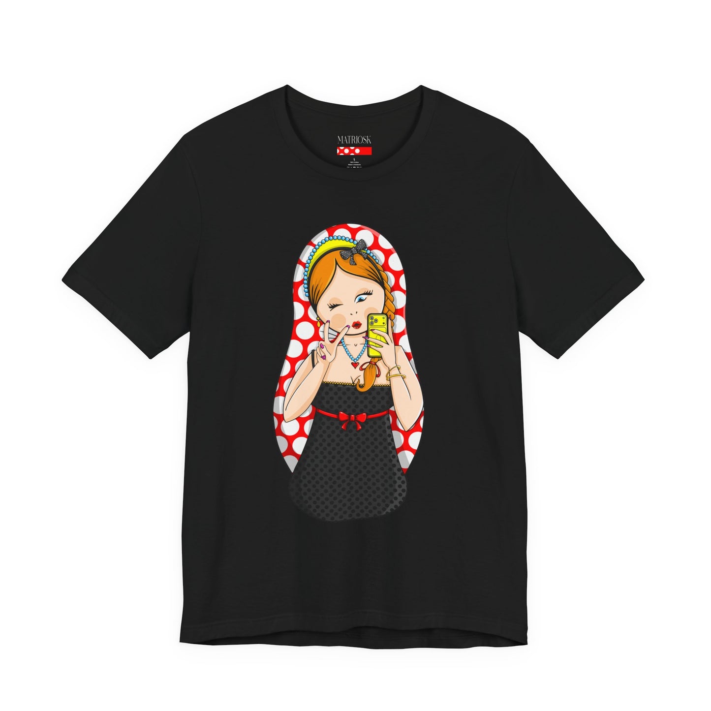 Retro Matryoshka Girl T‑Shirt — Cute Russian Doll Design with Selfie Phone