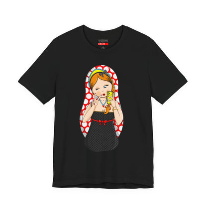 Retro Matryoshka Girl T‑Shirt — Cute Russian Doll Design with Selfie Phone