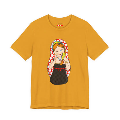 Retro Matryoshka Girl T‑Shirt — Cute Russian Doll Design with Selfie Phone