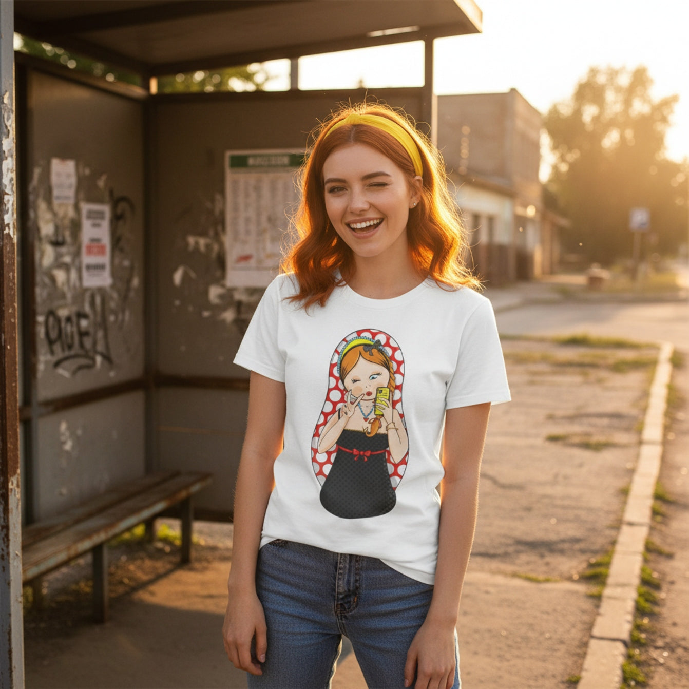 Retro Matryoshka Girl T‑Shirt — Cute Russian Doll Design with Selfie Phone