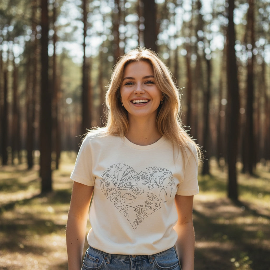 Floral Heart Tee — White Short Sleeve Heart Floral T-Shirt