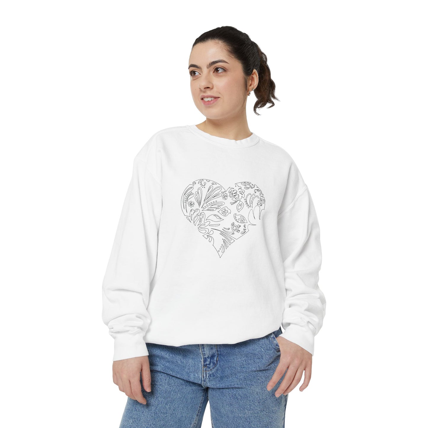 Floral Heart Sweatshirt — Botanical Line Art Crewneck