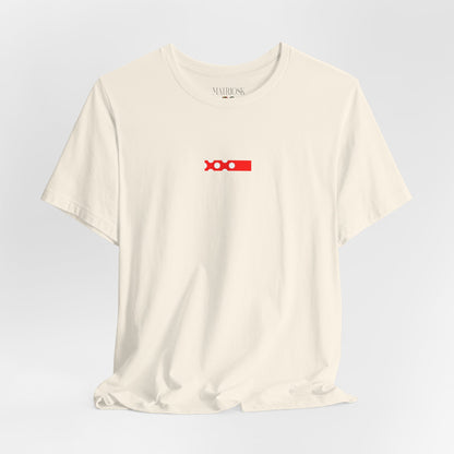 Minimalist Red Barcode Tee — Chest Micro Logo T-Shirt