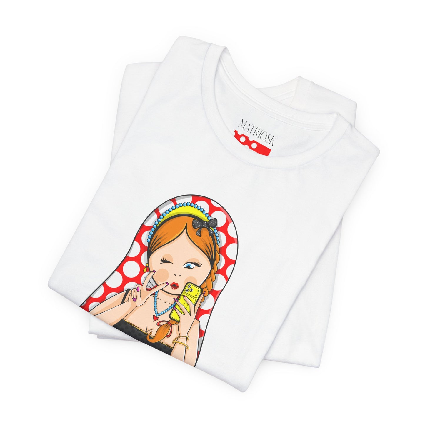 Retro Matryoshka Girl T‑Shirt — Cute Russian Doll Design with Selfie Phone