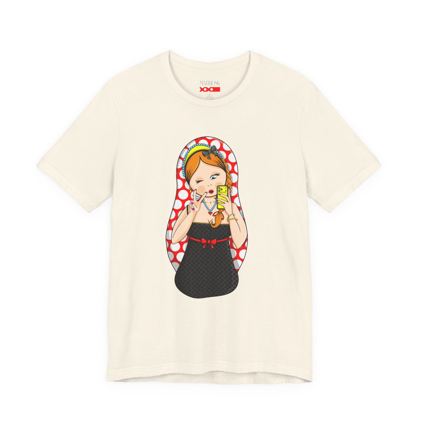 Retro Matryoshka Girl T‑Shirt — Cute Russian Doll Design with Selfie Phone