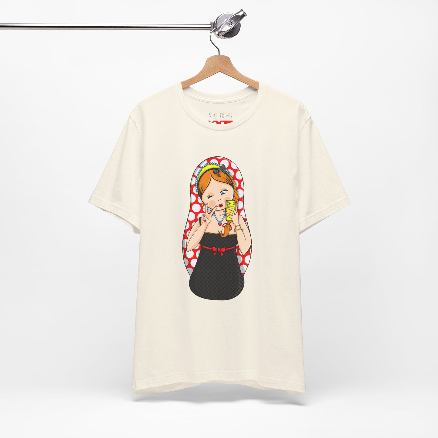 Retro Matryoshka Girl T‑Shirt — Cute Russian Doll Design with Selfie Phone