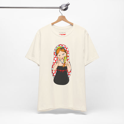 Retro Matryoshka Girl T‑Shirt — Cute Russian Doll Design with Selfie Phone