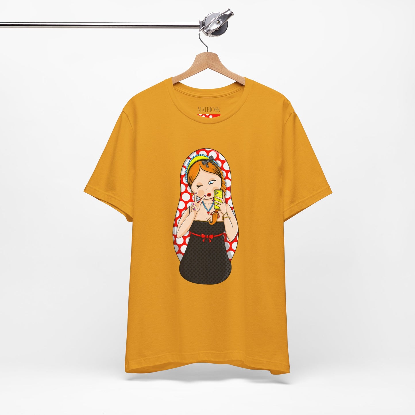 Retro Matryoshka Girl T‑Shirt — Cute Russian Doll Design with Selfie Phone