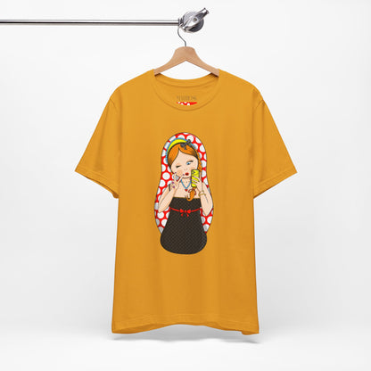 Retro Matryoshka Girl T‑Shirt — Cute Russian Doll Design with Selfie Phone