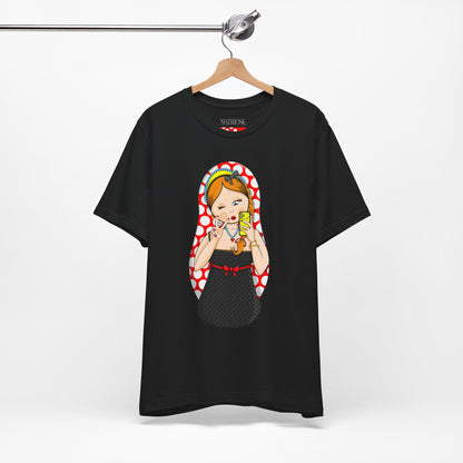 Retro Matryoshka Girl T‑Shirt — Cute Russian Doll Design with Selfie Phone