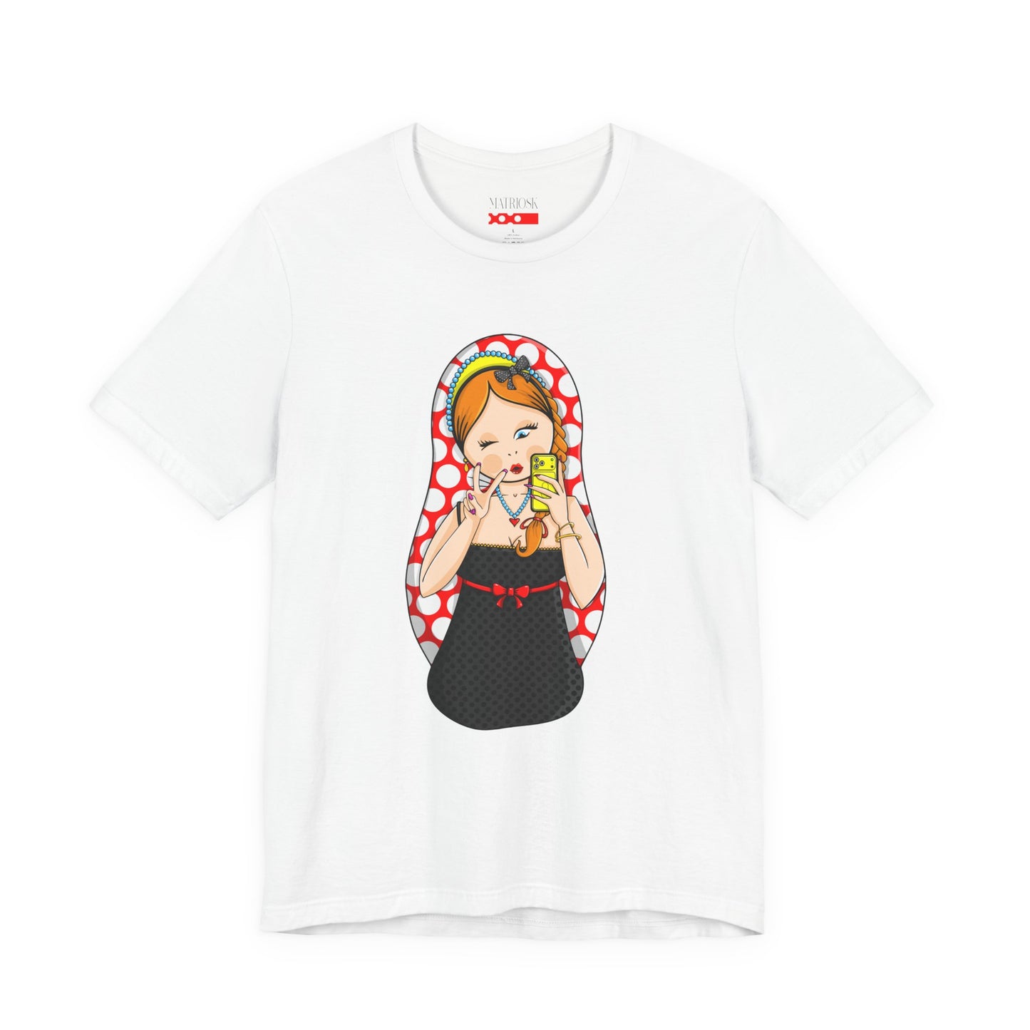 Retro Matryoshka Girl T‑Shirt — Cute Russian Doll Design with Selfie Phone