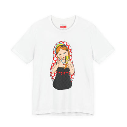 Retro Matryoshka Girl T‑Shirt — Cute Russian Doll Design with Selfie Phone
